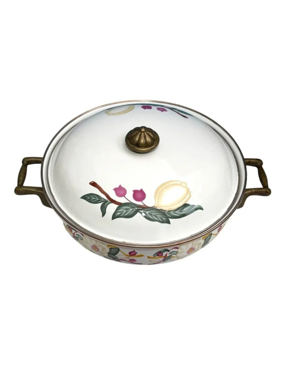 Vintage Floral Ceramic Casserole Dish With Lid & Brass Handles Hand-Painted Desi